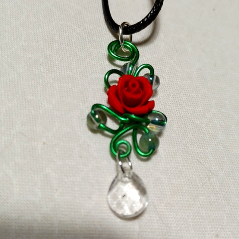 Vine and rose pendant handmade glass beads dew rhinestone diamond green red gems